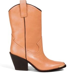Tory Burch Western Cowgirl Mid Boot Camel Leather Gold Toe Kick NEW NIB